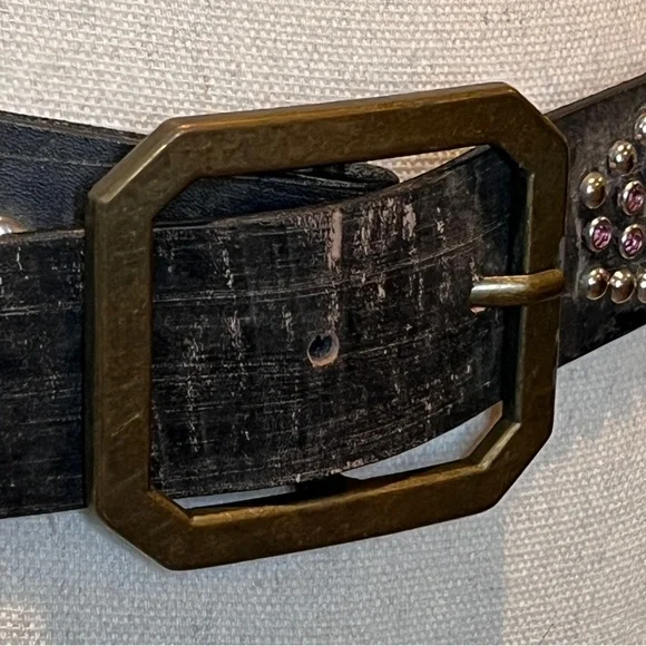 Leather Pink Clear Studded Dark Gray Ladies Fashion Belt Brass Buckle Size M/36" - Picture 2 of 9